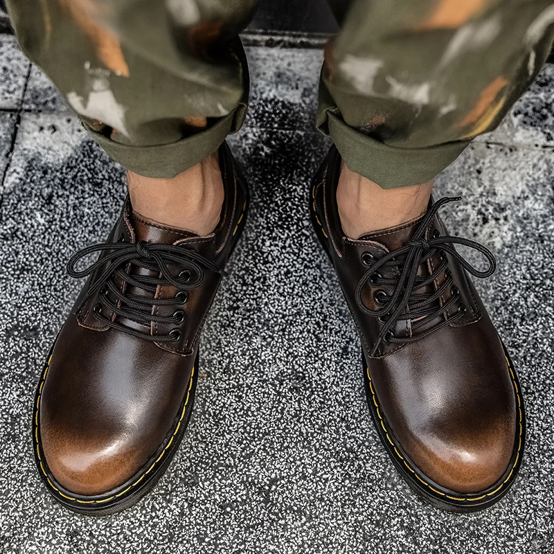 

High quality 2025 brown office cowhide Men's shoes non-slip lace-up casual leather shoes man hand-sew work shoes large size