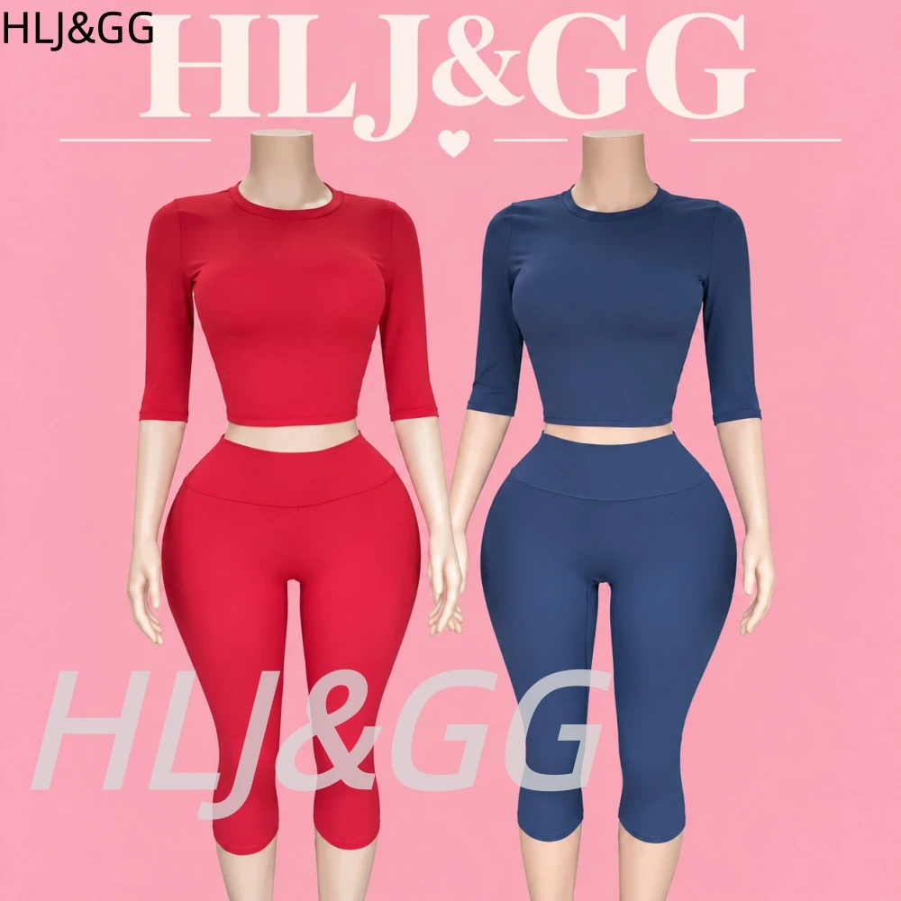 HLJ&GG Women High Quality Activewear Set Casual Stretch Round Neck Short Sleeve Top And High Waist Capri Pants Two Piece Outfit