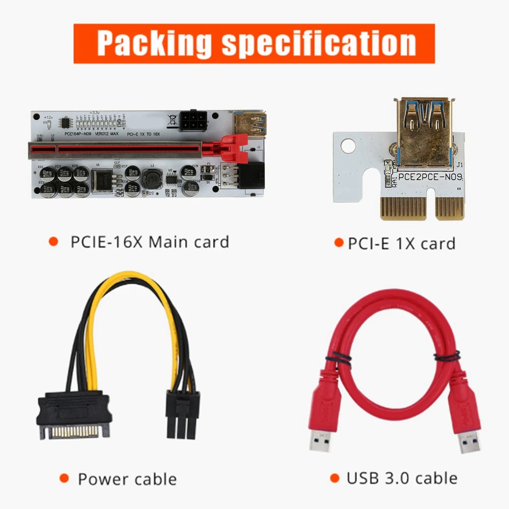 

TTKK-6Pcs PCI-E Riser Card VER012 MAX PCI Express X1 To X16 Extender PCI E USB3.0 Кабель SATA 6-контактный адаптер для майнинга графического процессора