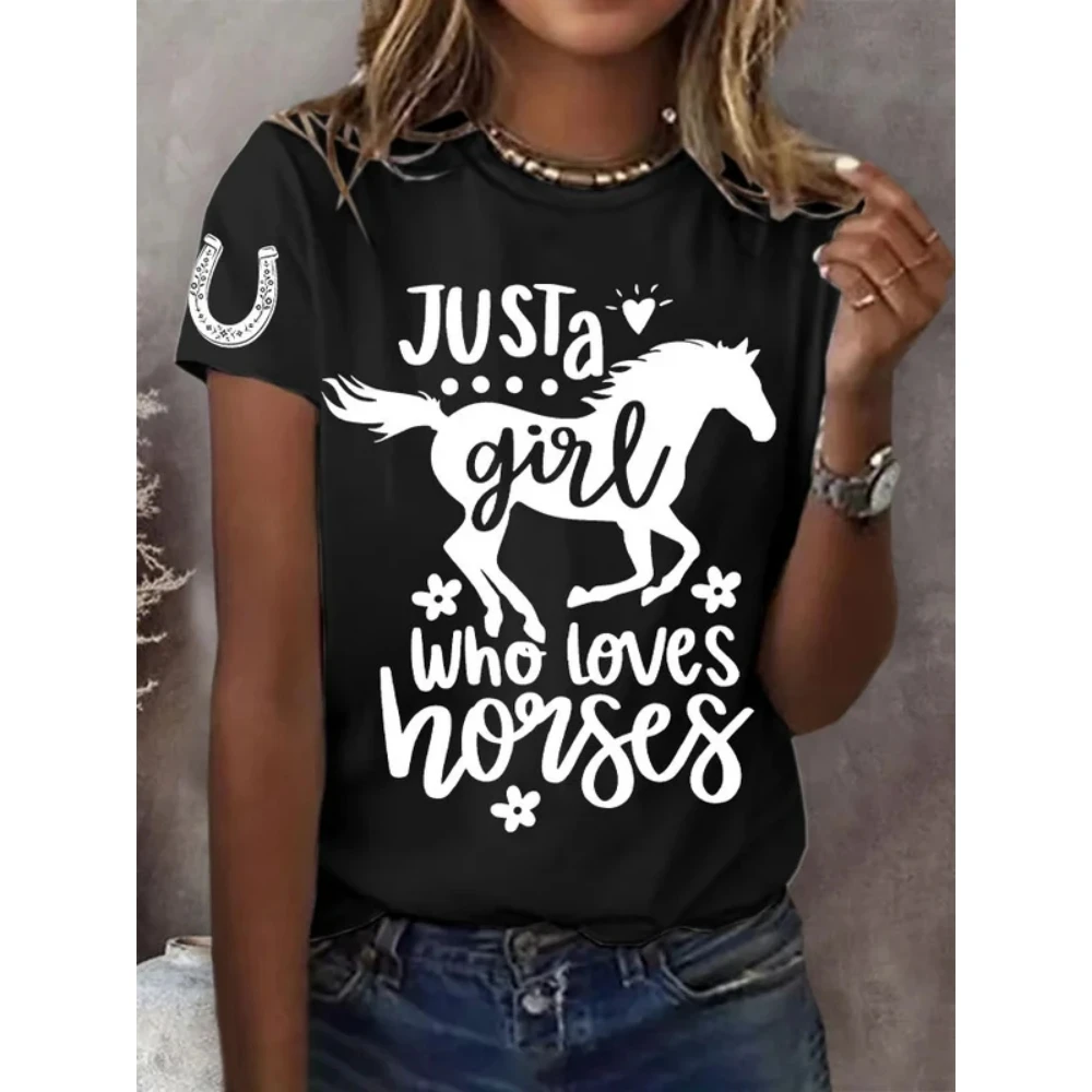 Summer Women's Just A Girl Who Loves Horses Print Round Neck Black T-shirt