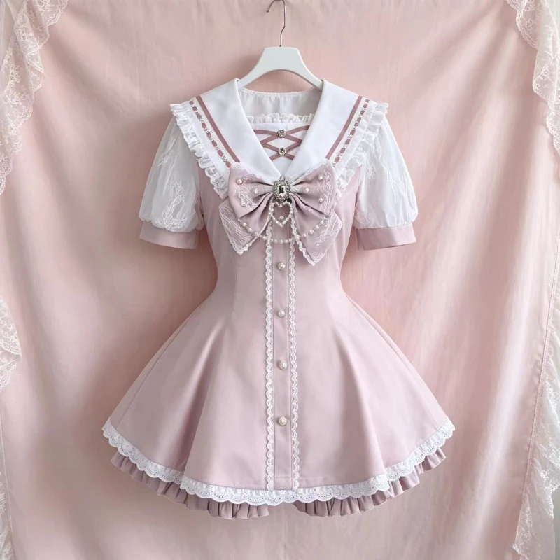 Jirai Kei Japanisches Gothic Y2k Lolita Schleifenkleid-Set für Damen, Süßes Rüschen-Hemdkleid mit Knöpfen, Kawaii Schlankes Party-Minikleid