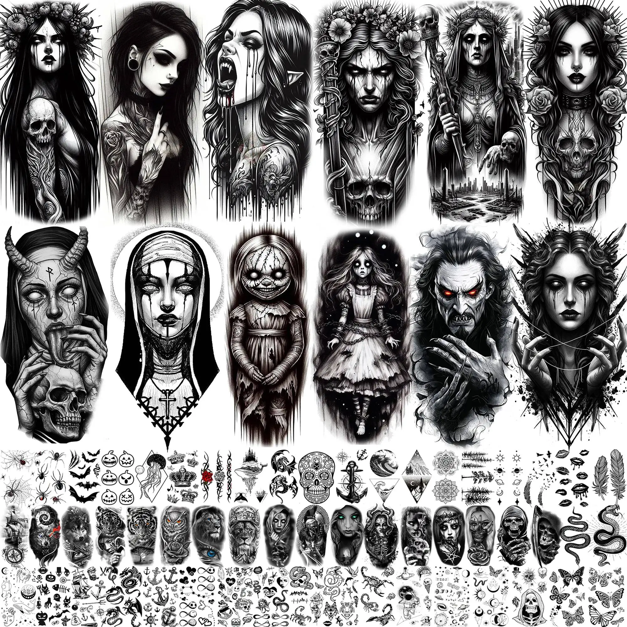 

67 Sheets Scary Demon Vampire Temporary Tattoos Horrible Halloween Tatoos Realistic Evil Spirits Witch Ghost Fake Tattoo Sticker