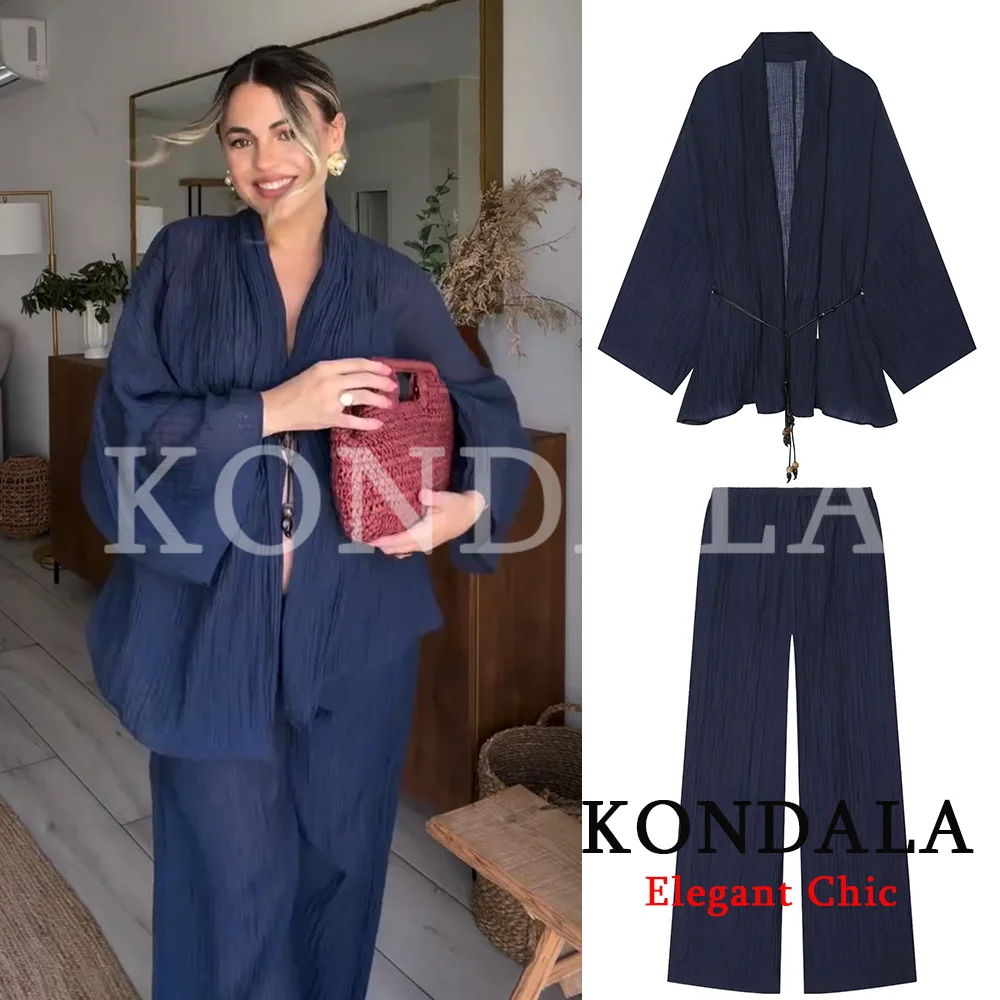 KONDALA Women Chic See-Through Pants Set V-Neck Belt Jacket Elastic Waist Pockets Pants New Fashion 2026 Spring Summer Daily Set