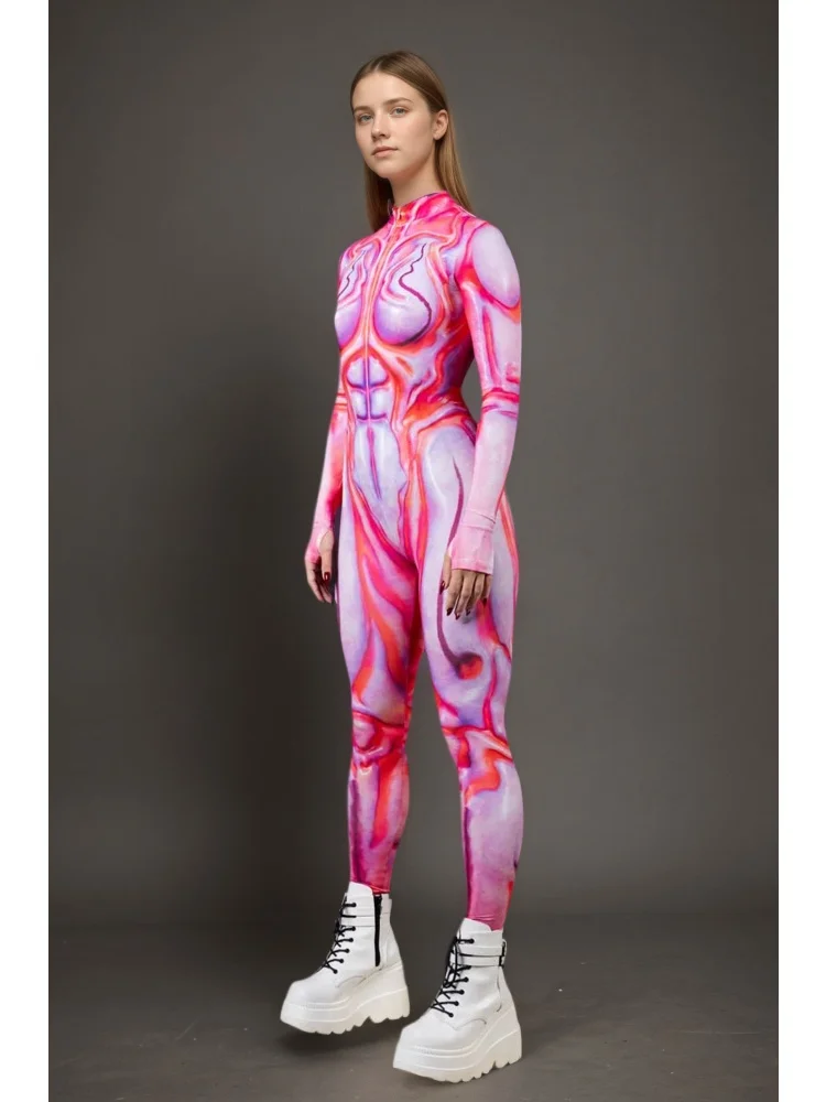 Bunter 3D-Druck-Feen-Regenbogen-Zentai-Bodysuit, Halloween-Feiertags-Party-Cosplay-Alien-Kostüm, Stretch-Jumpsuit, eng anliegend für Damen – Detail 8