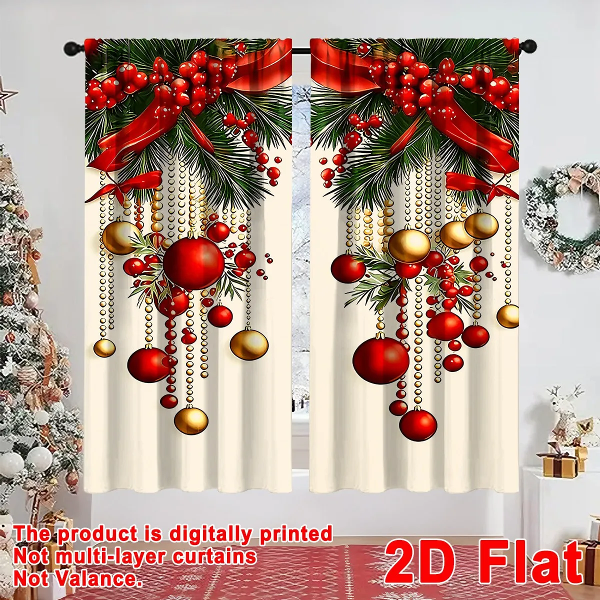 2 Stück Festliche Weihnachtsvorhänge, 60*150cm Polyester-Vorhänge mit Weihnachtskugel- und Bandmustern Fensterdekoration für Zuhause und Feiertage – Detail 3