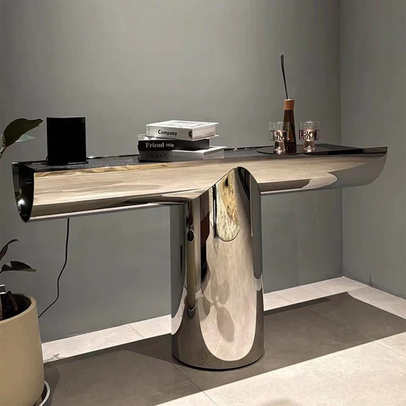 

Italian minimalist T-shaped entrance villa high-end mirror stainless steel entrance foyer movable