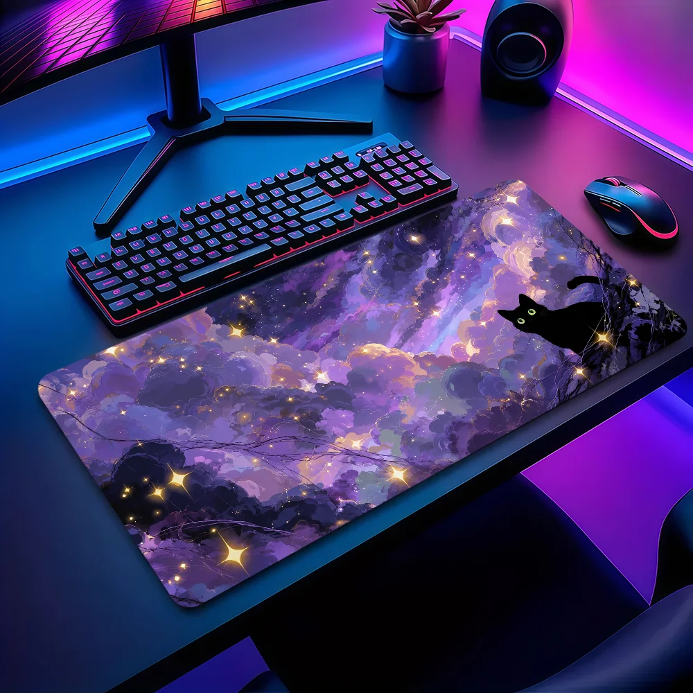 Mystical Purple Sky Black Cat Mouse Pad Non-slip Thickened MousePad Large Writing Lockedge Office Student Gaming Cushion