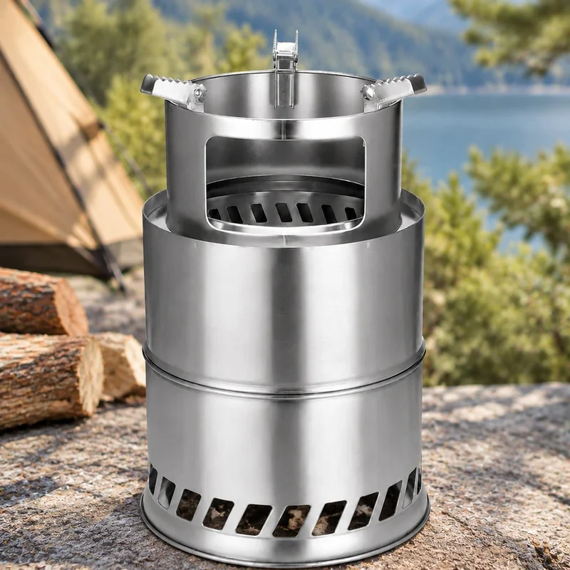 Compact Stainless Steel Outdoor Wood Burner with Detachable Windproof Structure for Hiking and Camping Cooking