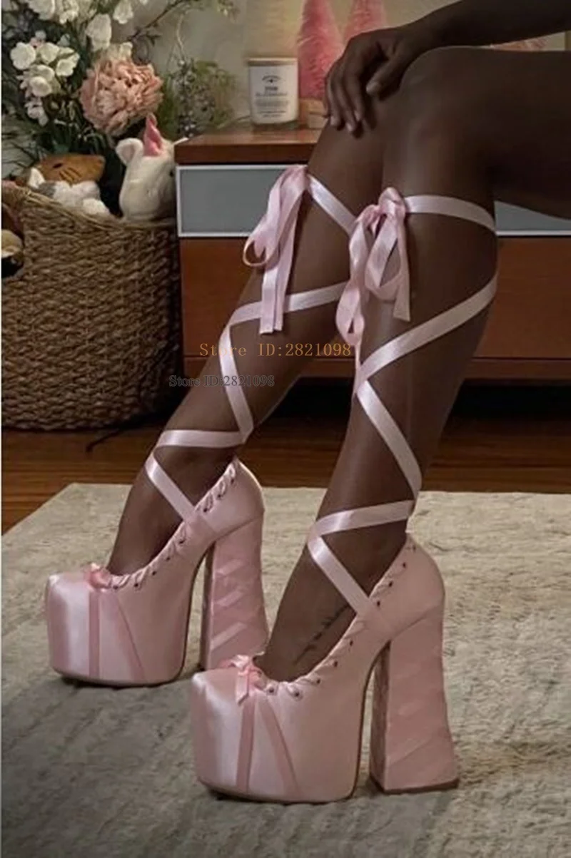 

High Heels Lolita Sweet Ballet Wrap Heels Pink Platform Pumps Chunky Heeled Women's Shoes Satin Lace Up Bowtie Party Shoes