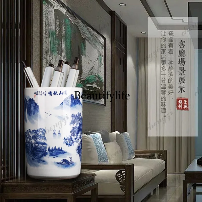 A95 Jingdezhen Ceramic Blue and White Flat Roll Storage Bucket Floor Decorative Vase Ornament