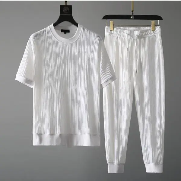 2024 New Minimalist Summer Solid Color Men\'s T-shirt Pleated Elastic Breathable Short Sleeved Thin Loose Ankle Length Pants Sets