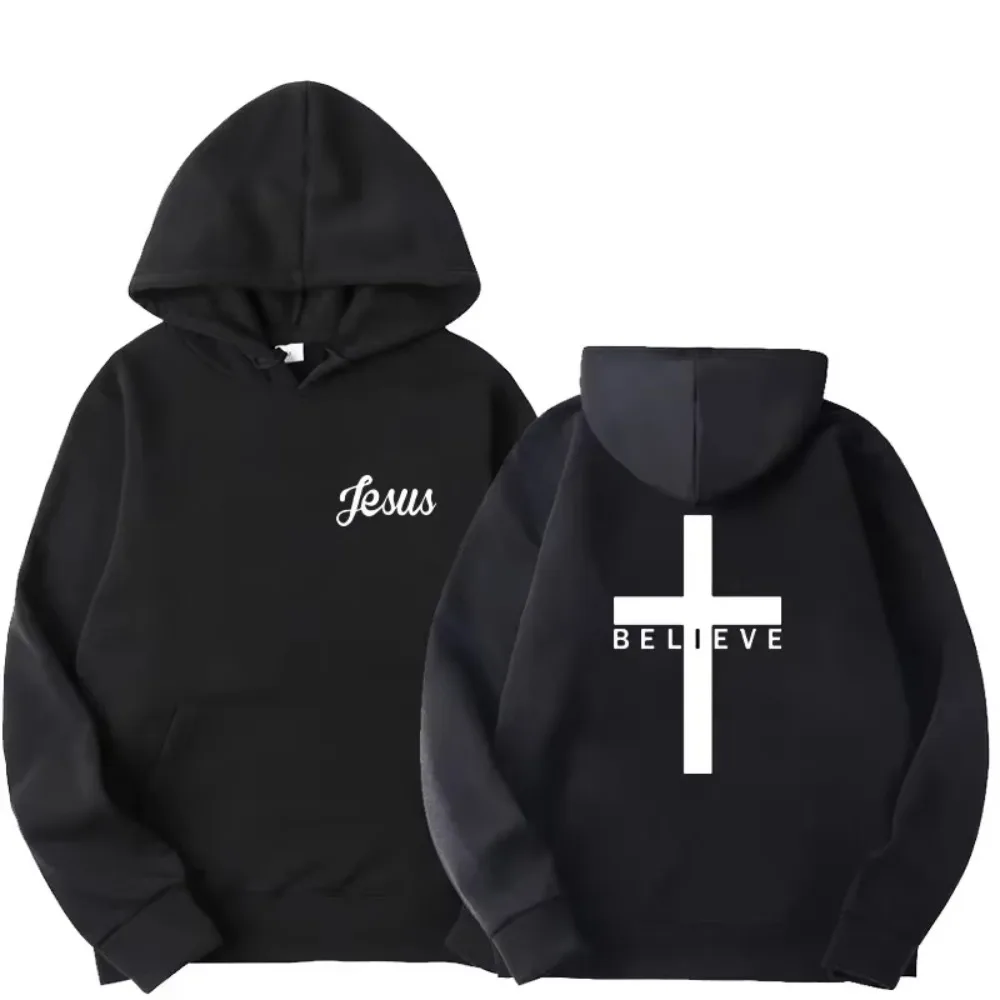 Men Believe in The Cross Jesus Monogram Printed Hoodie Harajuku Design Hoodie Fall Long Sleeve Street Sweatshirt Ropa Hombre