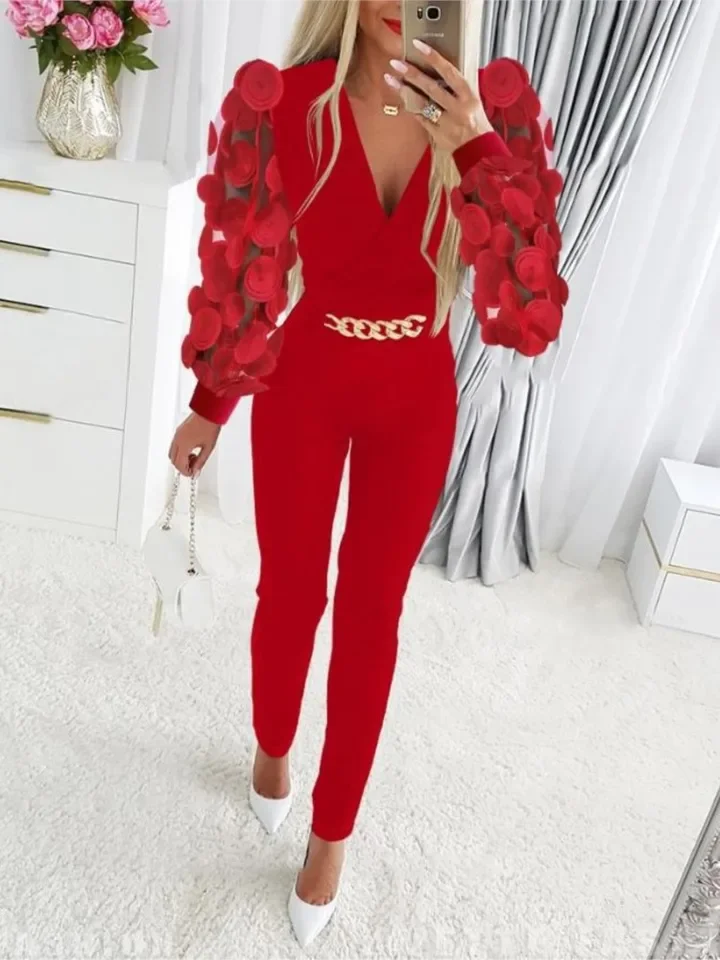 여성용 점프수트 봄 패션 플로럴 시스루 레이스 메쉬 허리 체인 캐주얼 브이넥 긴팔 타이트 데일리 여성용 롱 점프수트