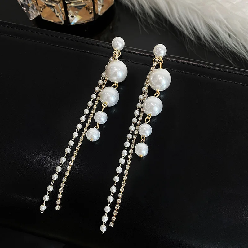 2022 Big Simulated Pearl Long Rhinestones Earrings Pearls Statement Clip on Earrings for Women Wedding Party Gift