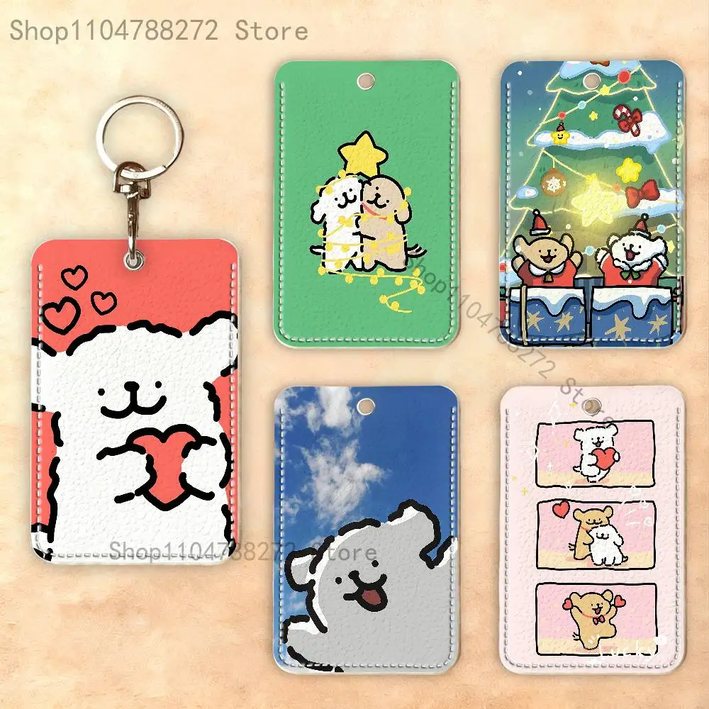 L-Line Puppy Maltese Rectangle Card Case Keychain Access Card Bag Key Tag Ring Leather Card Holder Key Ring Access