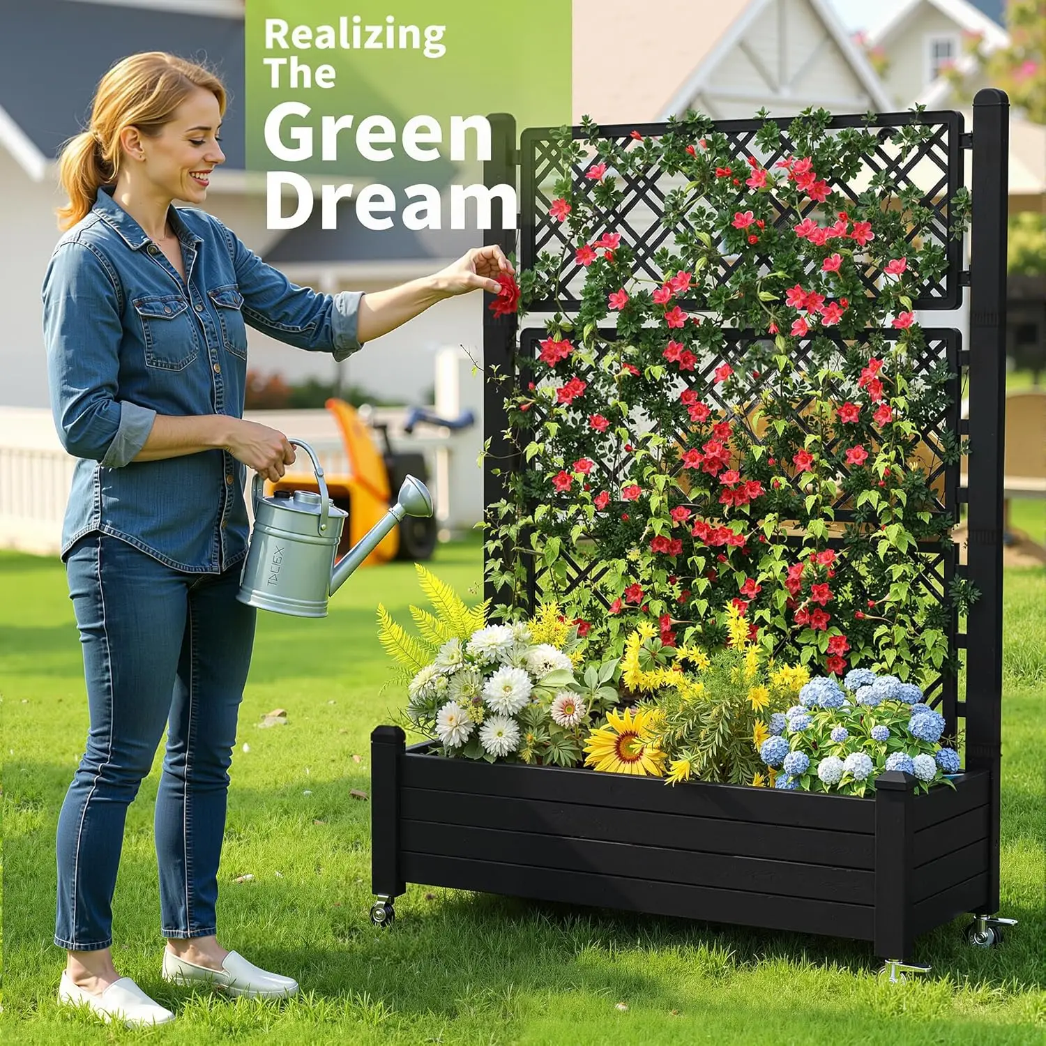 Raised Garden Bed with Trellis, 21 Gallon Self Watering Planter Box with Lockable Wheels & Drainage Holes for Climbing Plants Vegetables Flowers, Anti-Rust Resin for Backyard Patio (Black) view 4