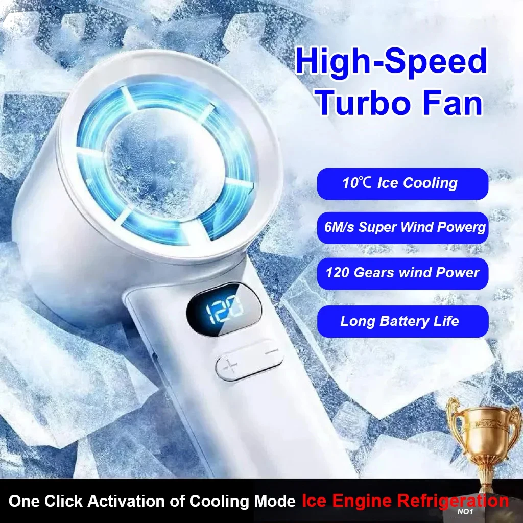 

New 120 Speed Mini Handheld Fan Portable Desktop Handheld Fans Instant Cooling with Ice Mode Rechargeable Stylish Turbo Fan