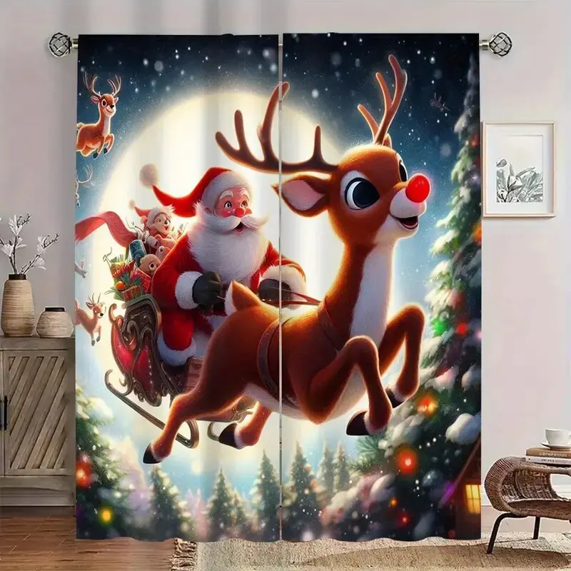

2pcs - Christmas Santa Claus and reindeer print curtains, pole bag curtains, home decoration, room decoration