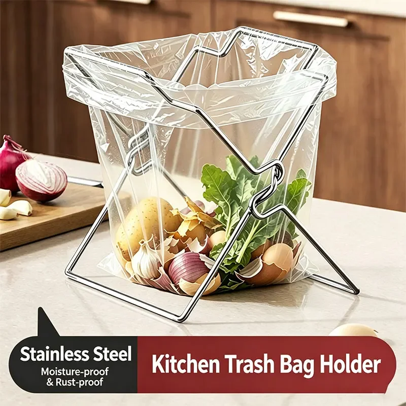 Collapsible Stainless Steel Garbage Bag Holder, Kitchen Countertop Trash Bag Support Rack, Portable Storage Organizer Stand