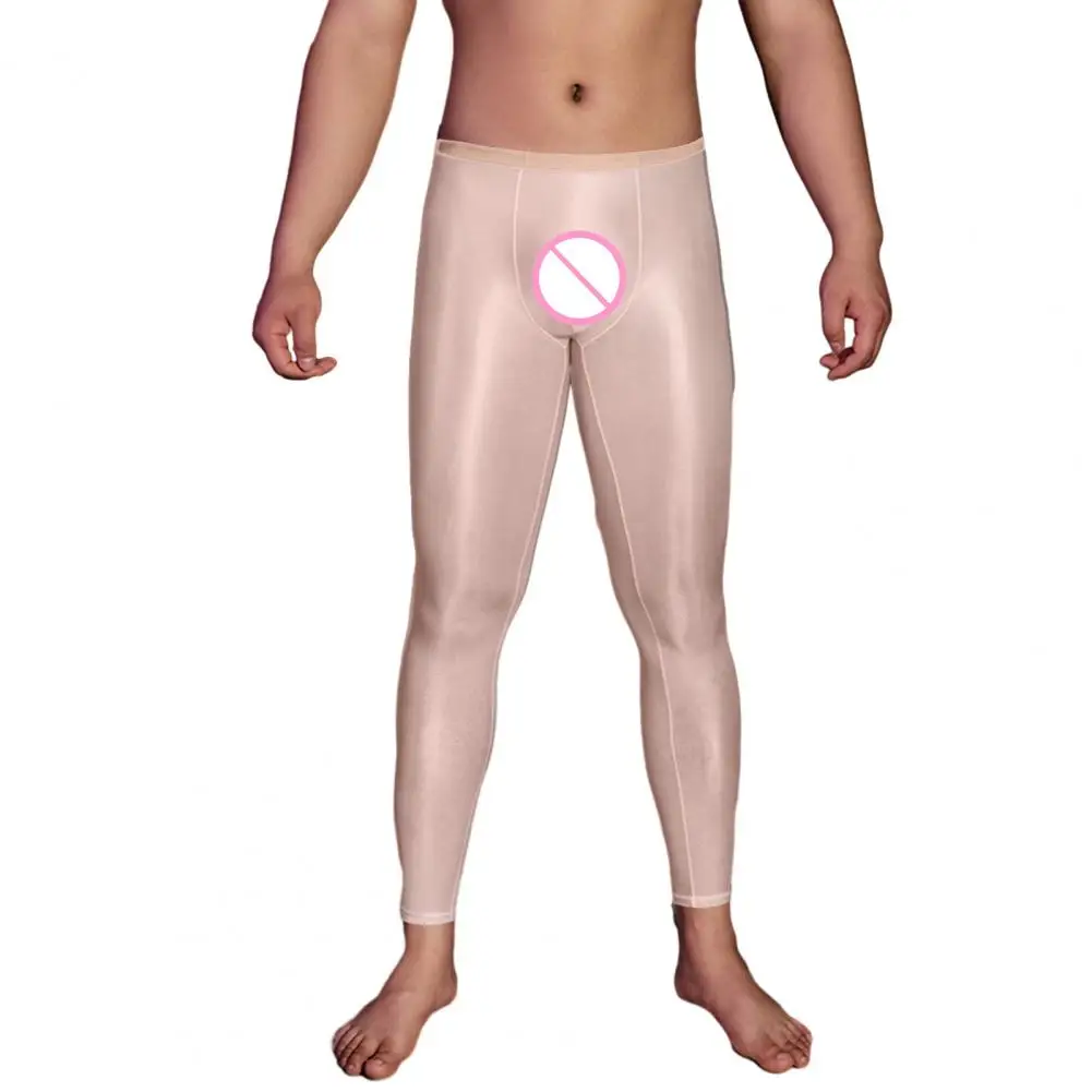 Men Sexy Long Pants See-Through Oil Glossy thin Stretchy Leggings Shiny Ice Silky Thermal Underwear Bottom Skinny Pants