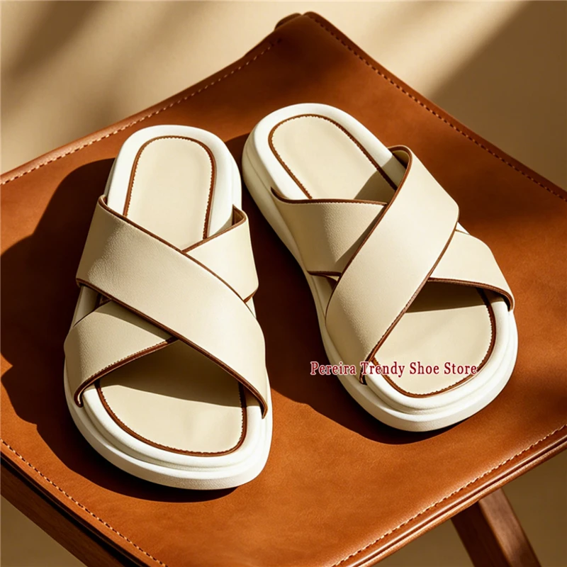 Summer New Cowhide Thick Soled Slippers Beige Black Round Toe Cross Strap Soft Leather Mules Outdoor Fashion Casual Flat Shoes