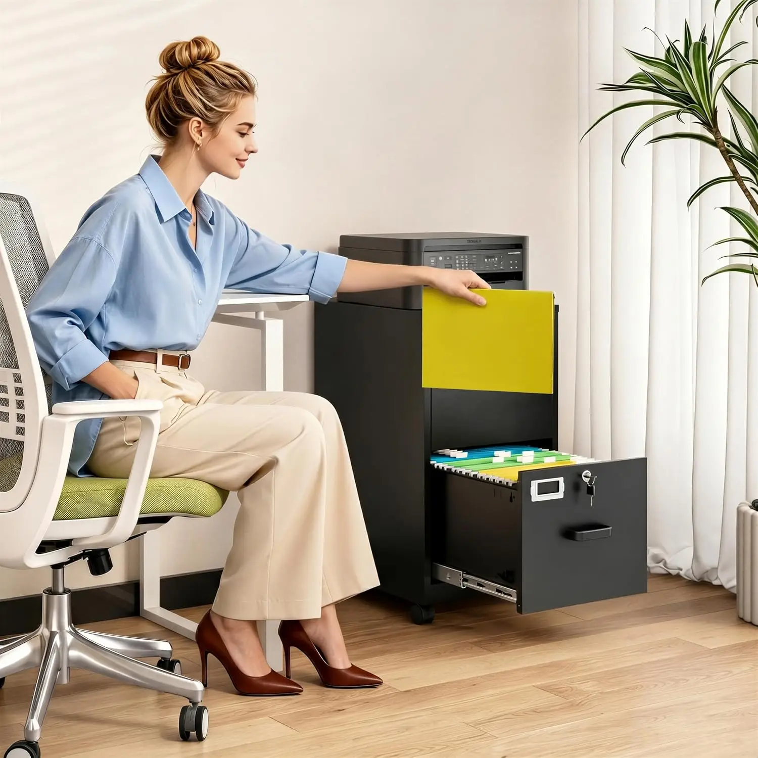 2 Drawers File Cabinet with Lock Metal Vertical File Cabient with Wheels Mobile File Cabinet for Office Home Legal/Letter/a4 Siz