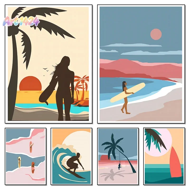 Simple Seaside Beach Scenery Surfing Women Men Surfboard Coconut Trees Poster Canvas Painting Wall Art Pictures Home Decor