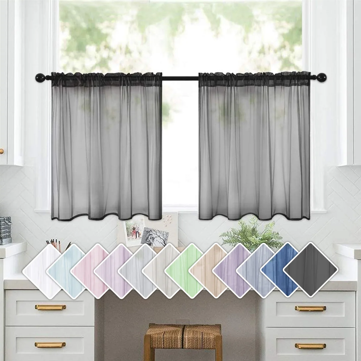 2pcs Solid Color High Transparency Terylene Gauze Short Curtains, Small Curtains for Kitchen, Bathroom, Living Room, Home Decor