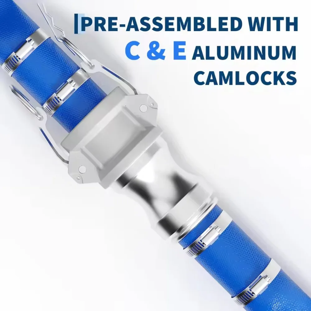 Pool Drain Hose, 2 inch by 50 ft, Durable PVC Material, Includes Aluminum Camlock C & E Connectors and Clamps, Fits Pumps and Sand Filters, Ideal for Pool Water Removal, Blue
