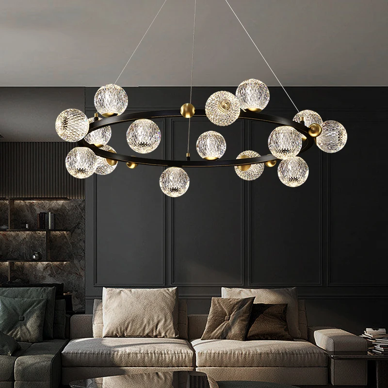 Spherical Crystal Glass Pendant Light Copper Ring Ceiling Chandelier Decorative Living Room Bedroom