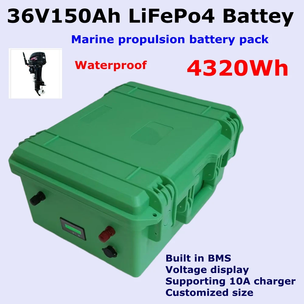 CZ- Waterproof Batterie au lithium  Lifepo4, 36V, 150Ah, BMS avec  4000W,7000W  Marine propulsion motor,Fish boat + charger 10A