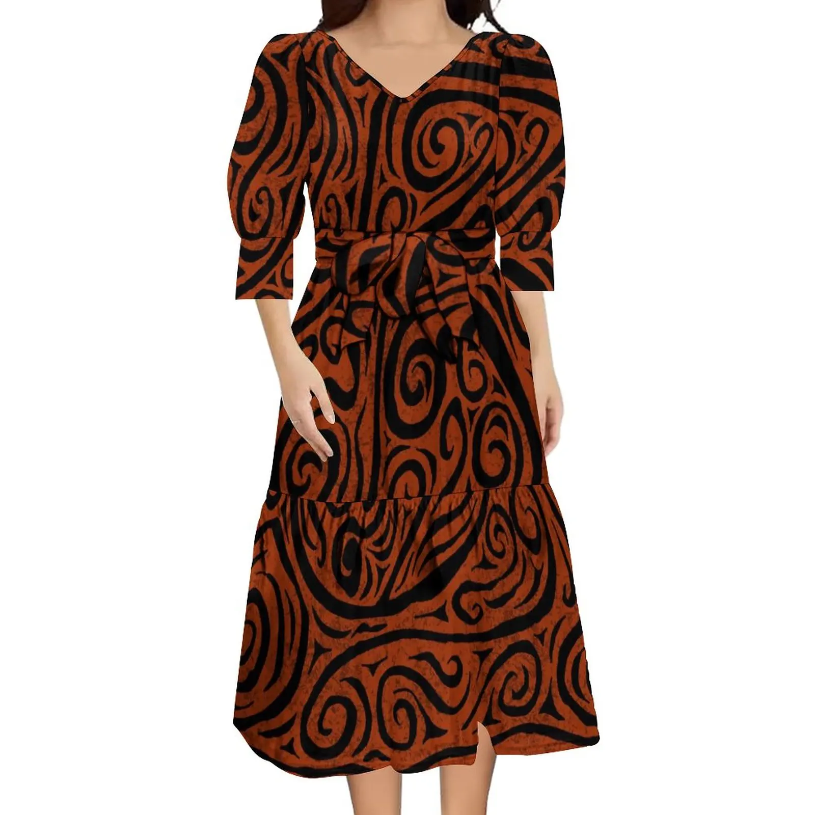 

Polynesian V-Neck Puffy Sleeve High Quality Fabric Party Dress Puletasi Fashion Temperament Dress Summer Skirt Custom