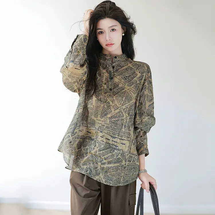 Elegancka, prosta, seksowna bluzka w stylu vintage z nadrukiem, długi rękaw, jasna, łatwa w noszeniu, popularna wśród kobiet, model TT1302