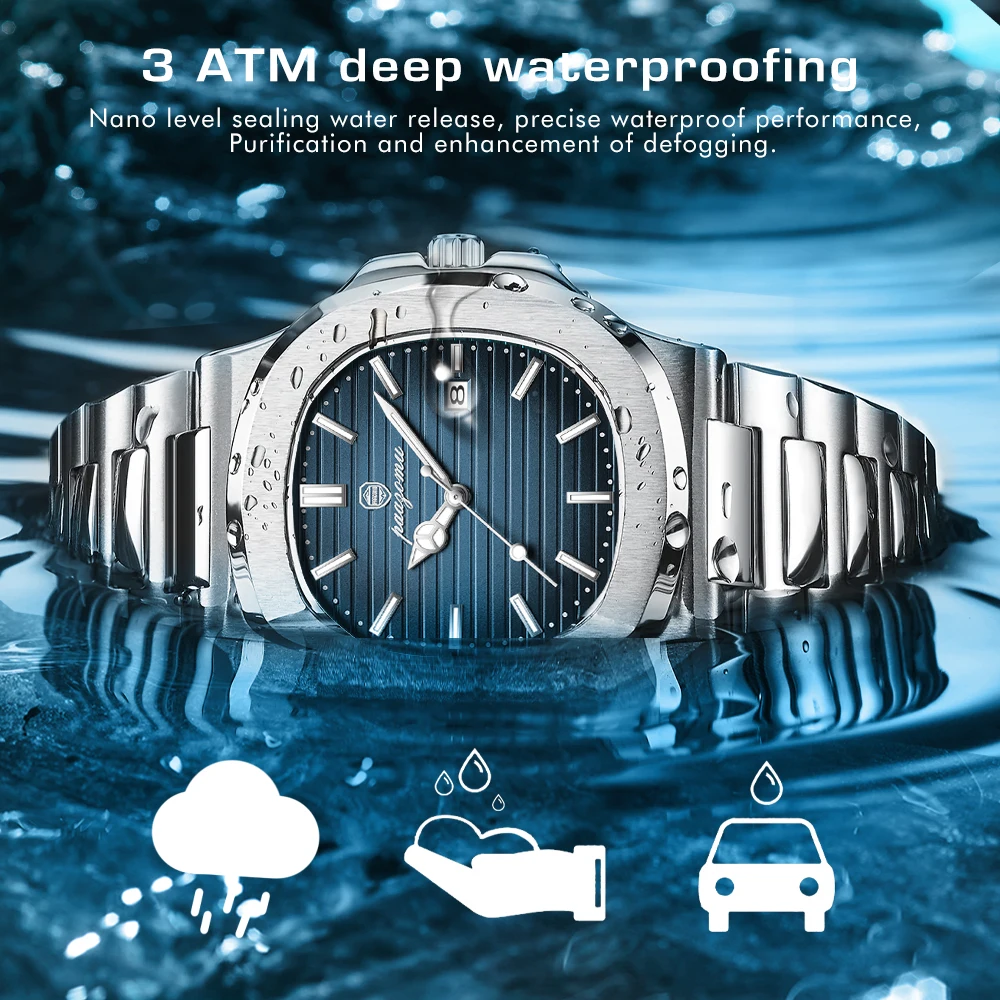 PAAZOMU Business Luxury Watch 50 ATM Waterproof Luminous Date Stainless Steel Square Quartz Couple Watches