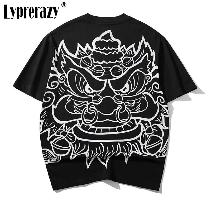 

Lyprerazy Chinese Style Awake Lion Printing Short-Sleeved T-Shirt Summer National Tide Loose Cotton Top Tees