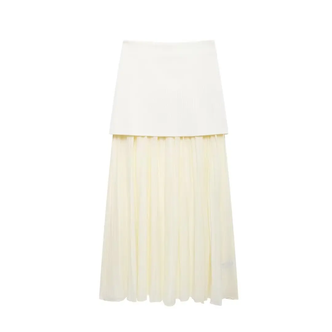 Women's Fashion New Knitted Pleated Spliced Vintage Midi Chic Female High Waist Elegant Side Zip A-line Long Skirt Mujer