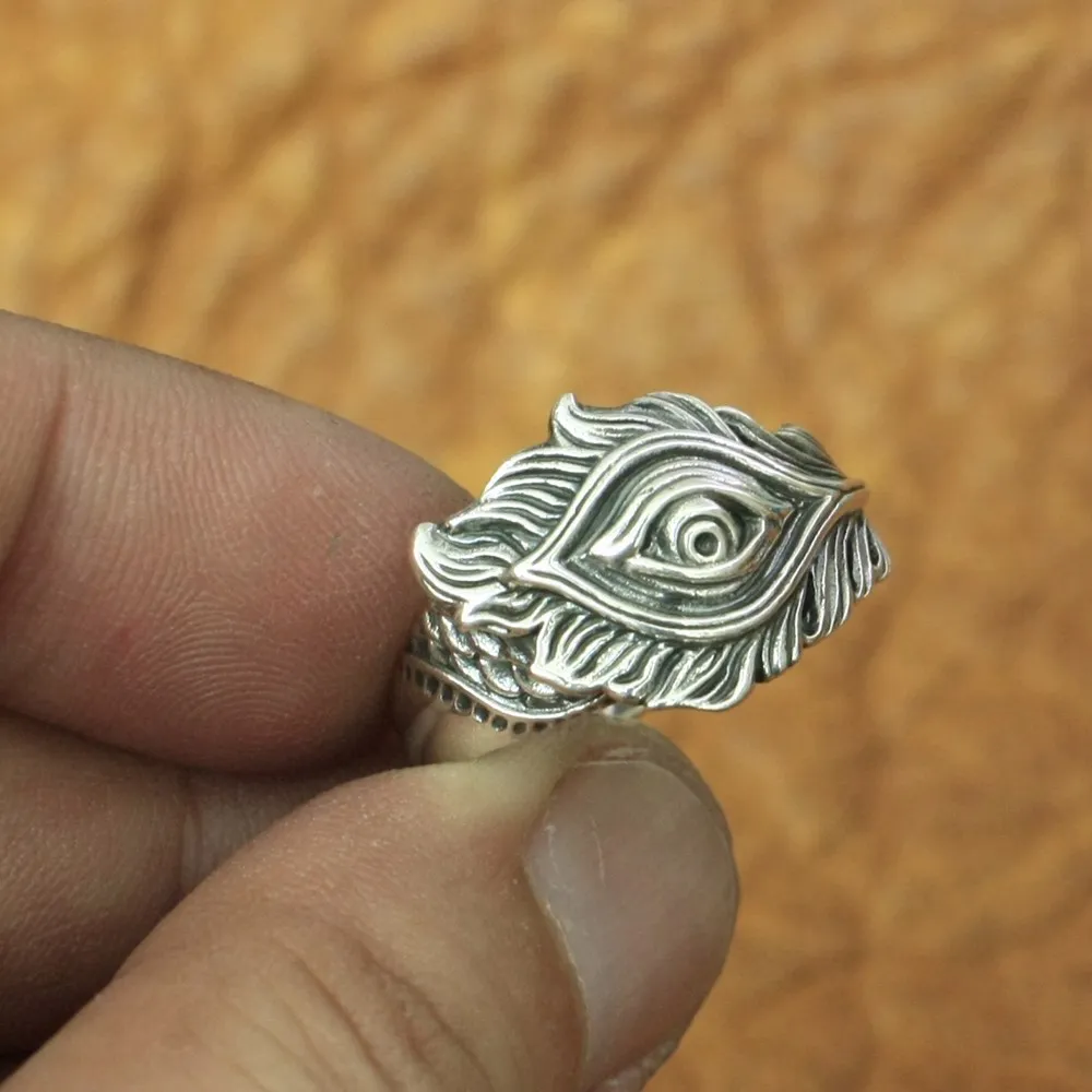

925 Sterling Silver Phoenix Feather Eye of Angel Ring Charms Jewelry TA161 US Size 7~15