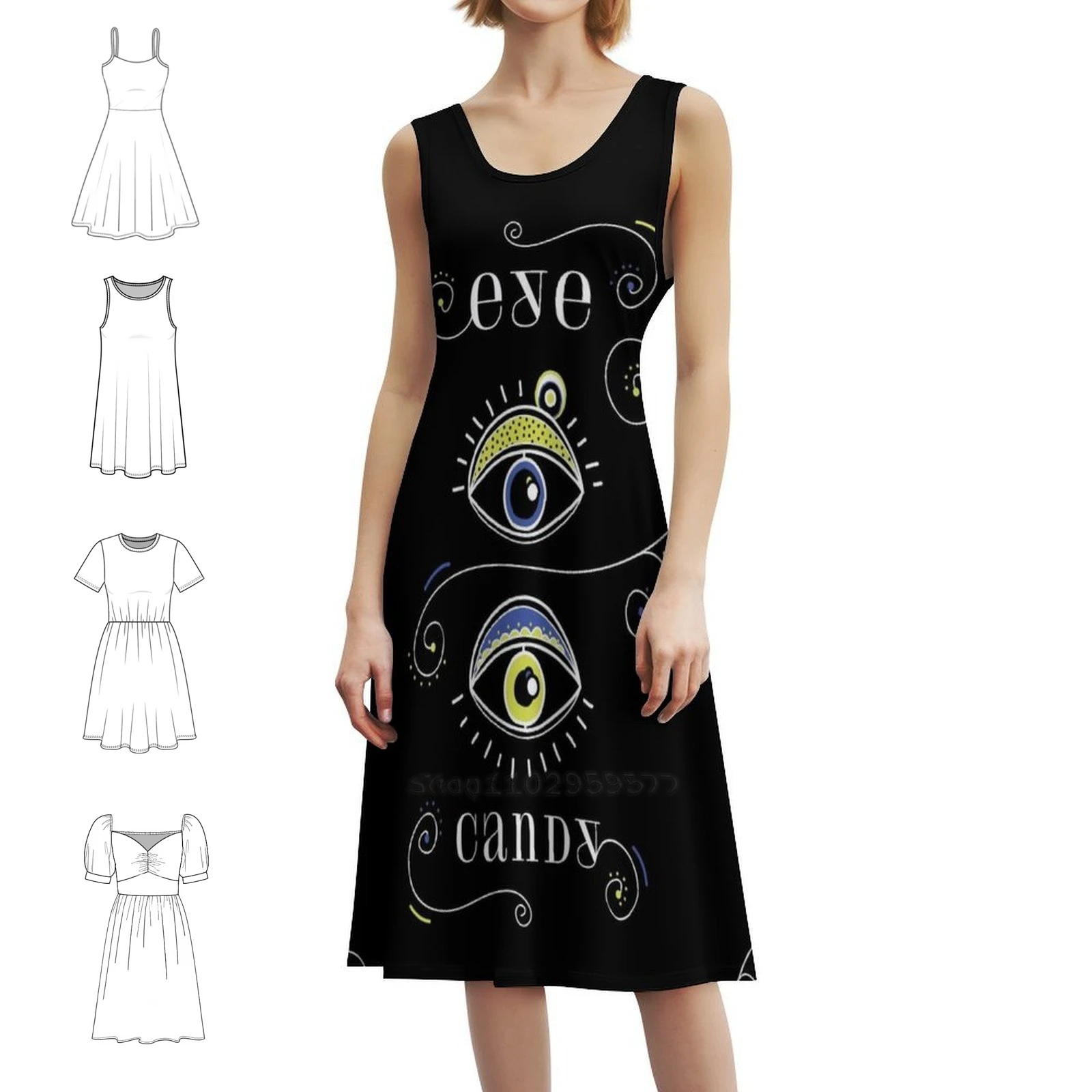 

Playful Pop Boho Evil Eye In Green And Blue On Black Korean Style Dress For Women Elegant Casual Dress For Party Or Daily Wear