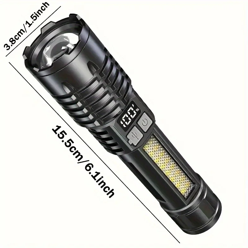 High Power LED Flashlight Powerful USB Rechargeable COB Flashlight with Side Light Torch for Outdoor Camping Hiking Fishing