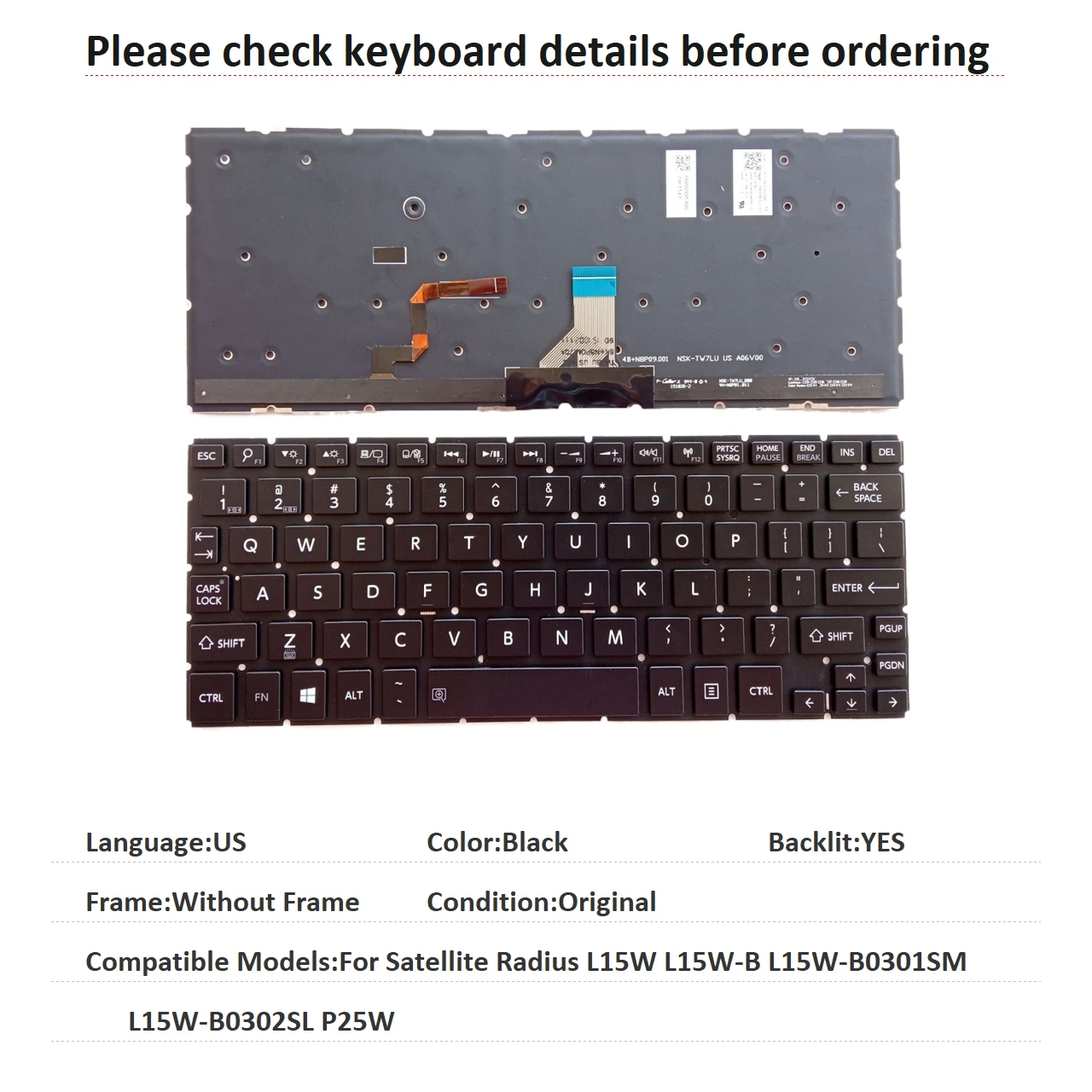 Nuevo teclado retroiluminado en inglés de EE. UU. para Toshiba Satellite Radius L15W L15W-B L15W-B0301SM L15W-B0302SL P25W, teclado de repuesto