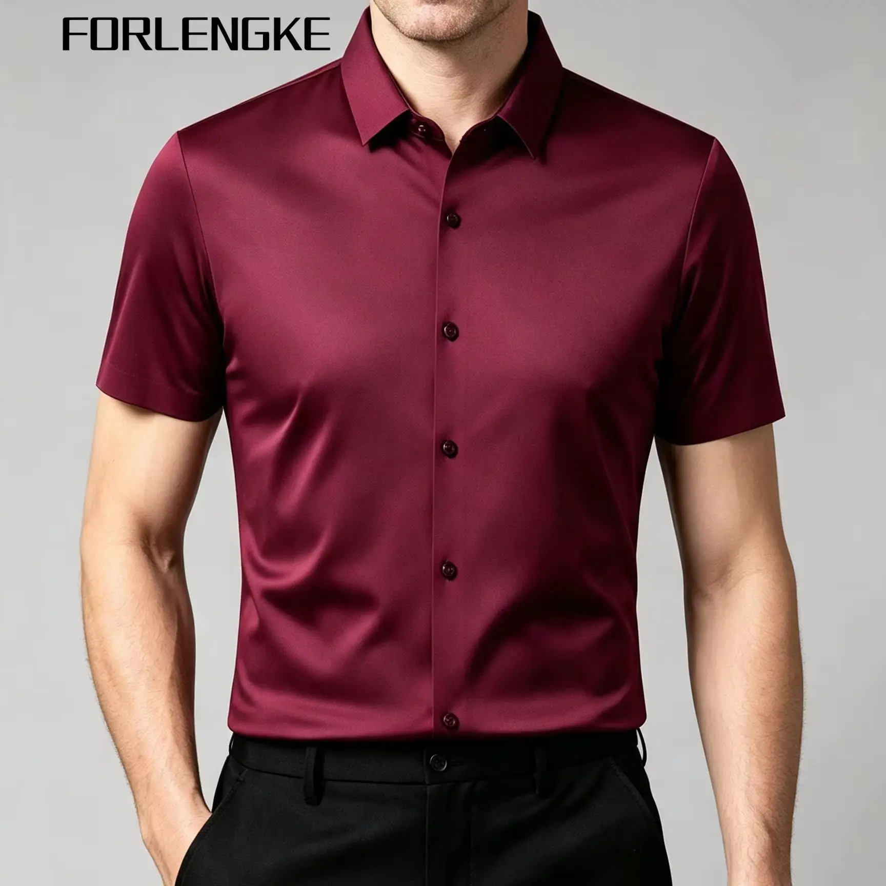 FORLENGKE Men's Business Solid Short Sleeve Shirt, Fashion Soft Smooth Formal Shirt for Summer Office, Wedding and Daily Wear