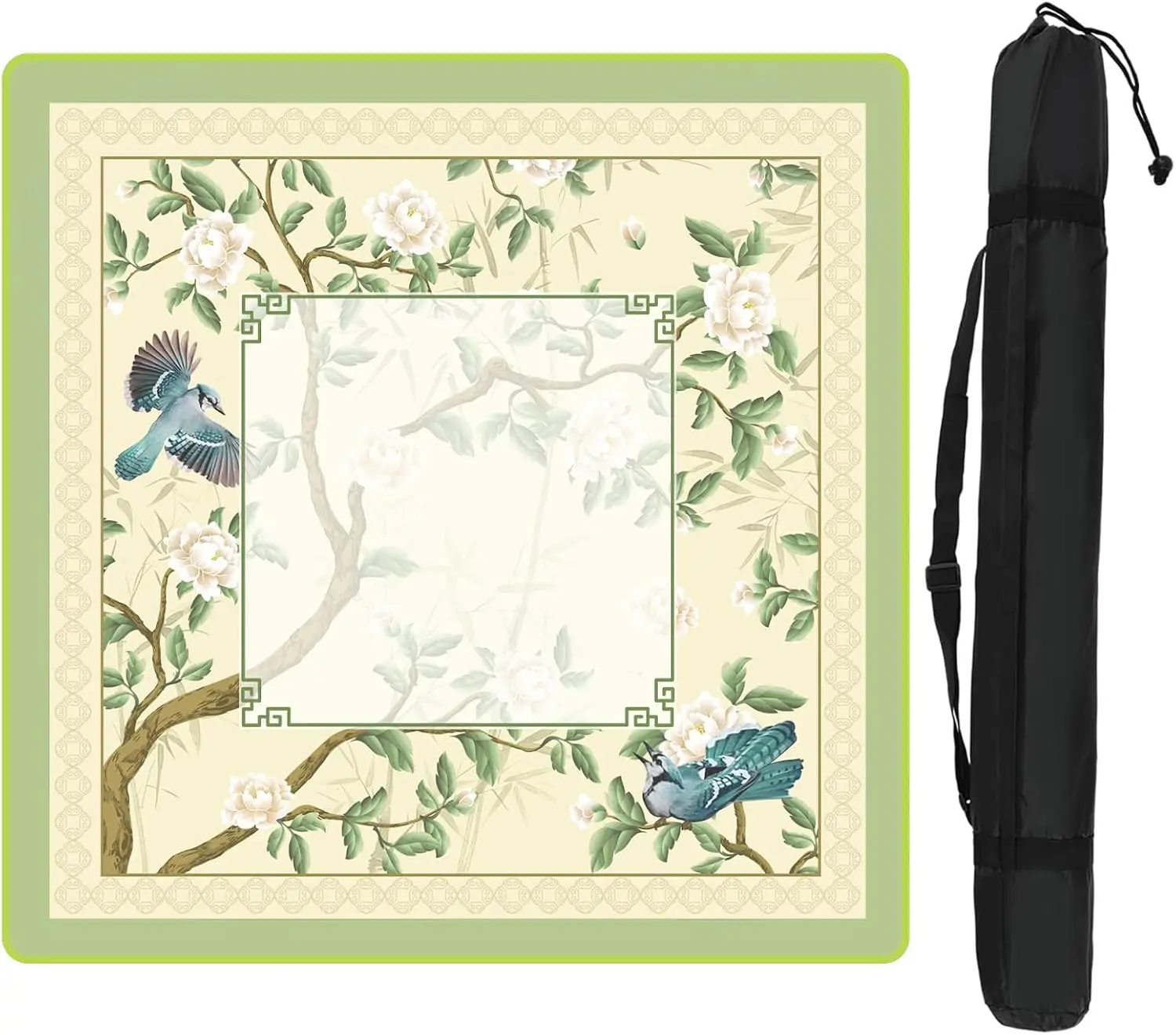 80cm Vintage Green Chinoiserie Bird Floral Mahjong Mat with Carrying Bag Non-Slip Noise Reduction Game Table Cover Board Games