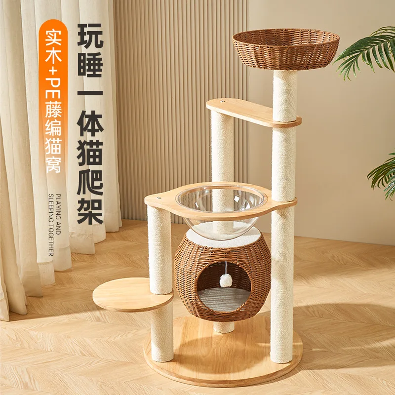 Solid wood cat climbing frame cat tree pet supplies space capsule PE rattan cat nest sisal