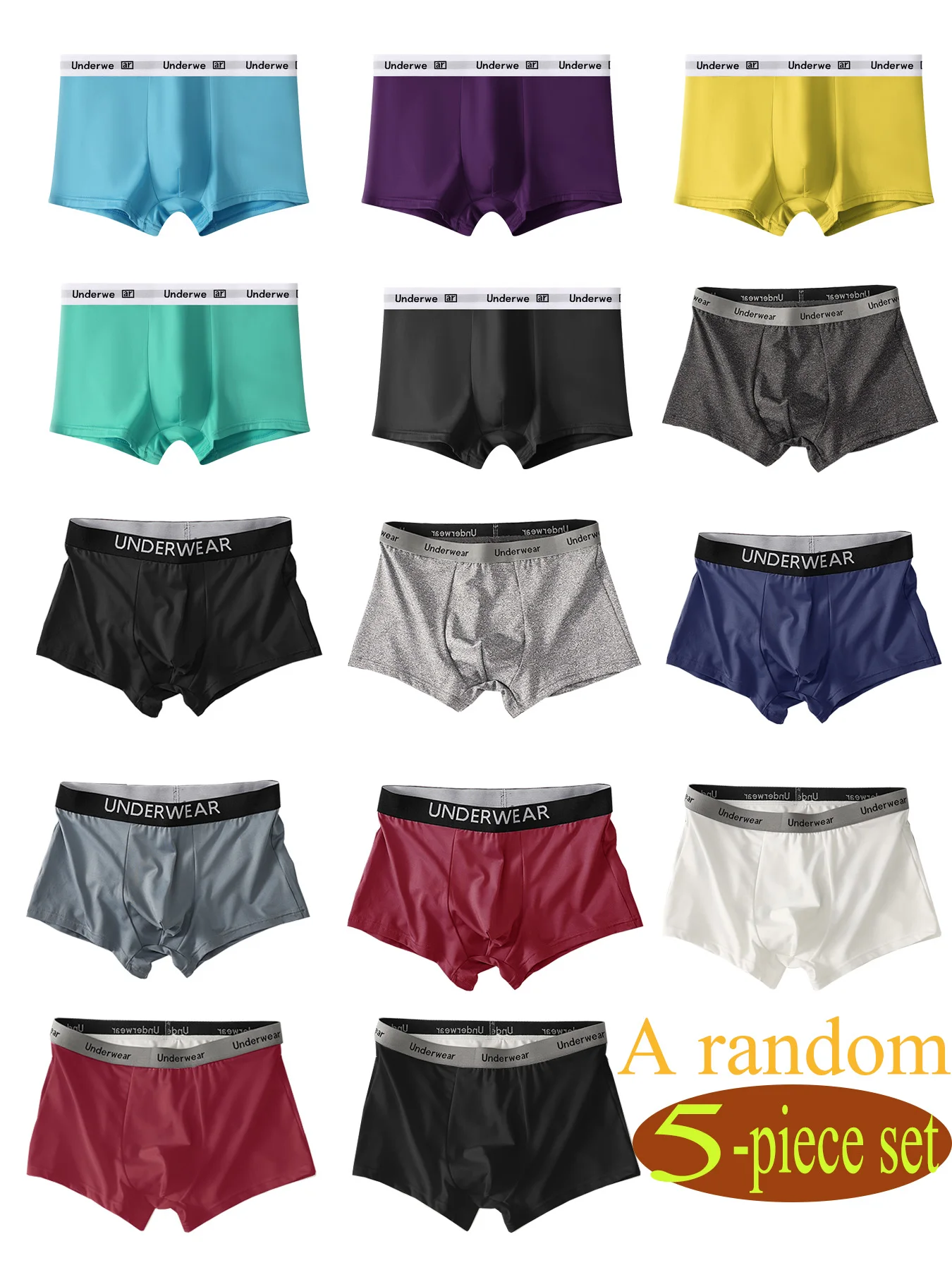 

A random 5-piece set of comfortable men's briefs in multiple colors, featuring sporty and casual men's briefs