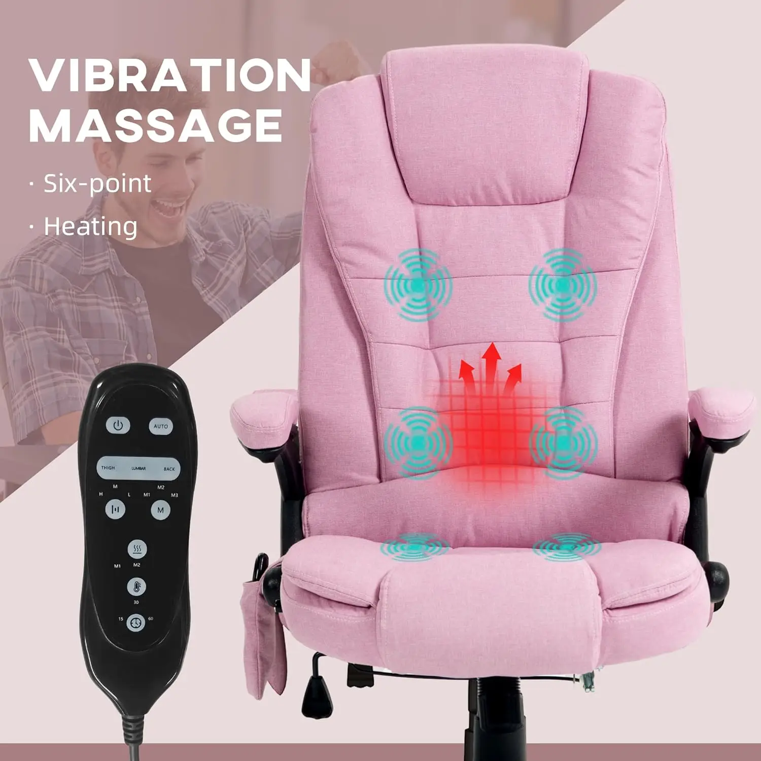 6-Point Vibrating Massage Office Chair with Heat, Reclining High Back Executive Chair, Padded Armrests & Remote, Pink