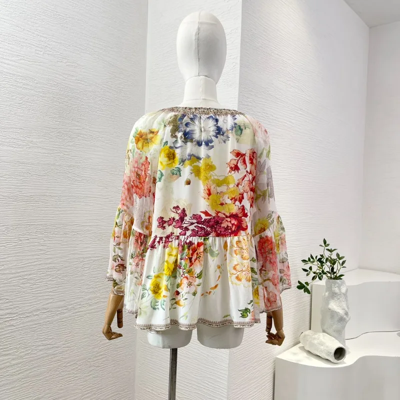 2024 New Arrivals High Quality Flowers Colors Flowers Print 3/4 Batwing Sleeves V Neck Diamonds Pressed Blouse Tops