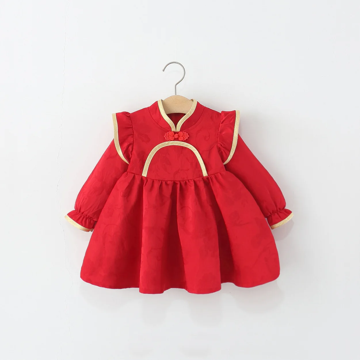 2025 autumn new semicircle national style dress, girls'  long-sleeved red cheongsam dress
