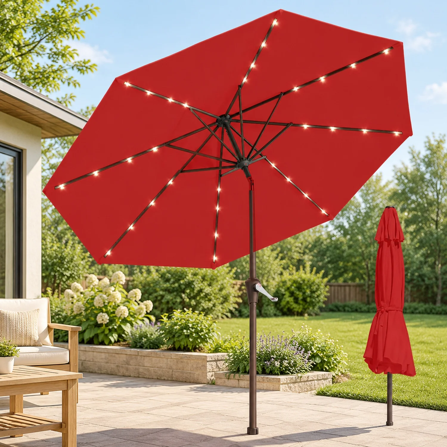 9' Solar LED Patio Umbrella with Tilt & Crank|8 Sturdy Ribs,UV Protection,Outdoor Market Table for Deck,Lawn,Pool,Backyard