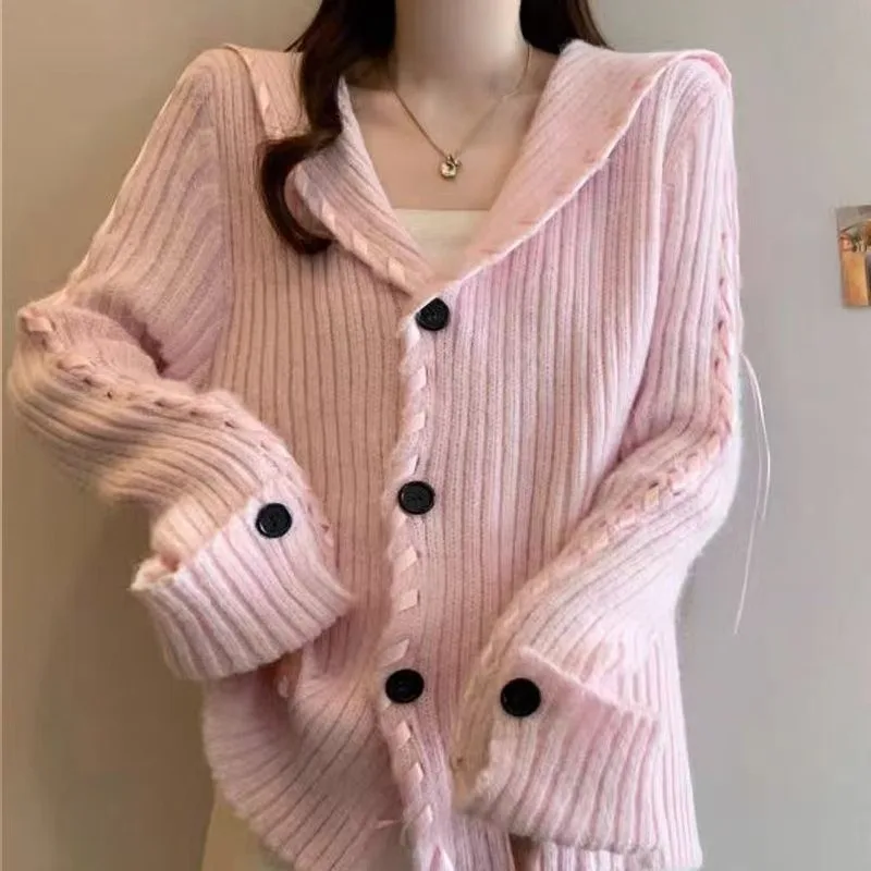 

2025Autumn and Winter New Navy Collar Sweater Jacket Women's Fashion Design Sense Handmade Ribbon Knitted Cardigan Versatile Top