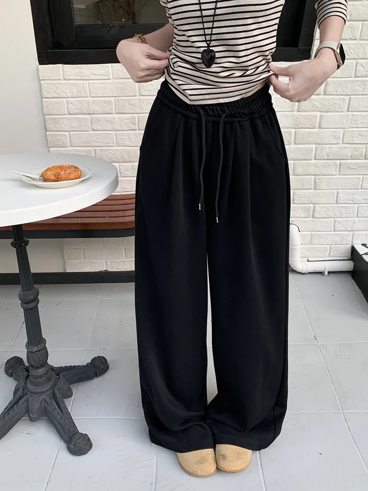 Autumn and winter drawstring elastic high waisted casual wide leg pants for women